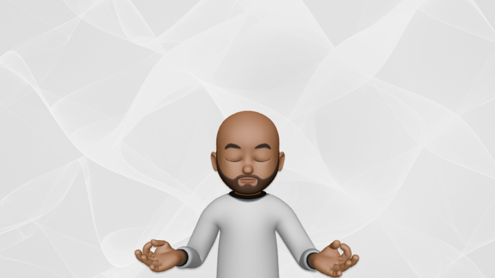 Animated graphic of Ronin in white clothes meditating in front of a white wavy background.